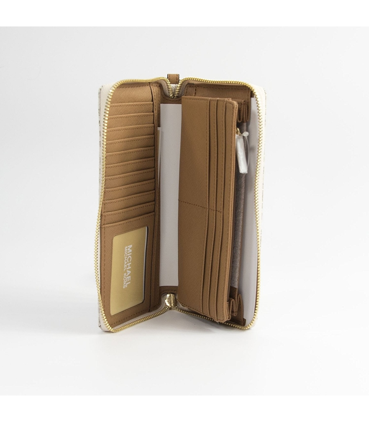 Michael Kors Vanilla Monogram Acorn Leather Large Zip Around Travel Wallet